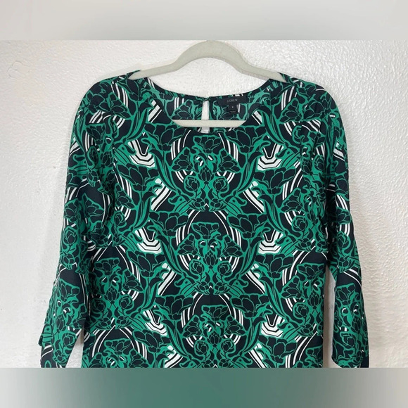 J. Crew Green Black Retro Floral Popover Blouse Top Women’s 2 Summer Business - Picture 3 of 15